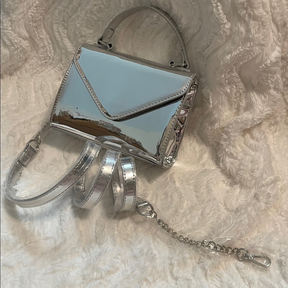 Shiny Metallic Silver Top-Handle Crossbody Bag - Picture 16 of 16